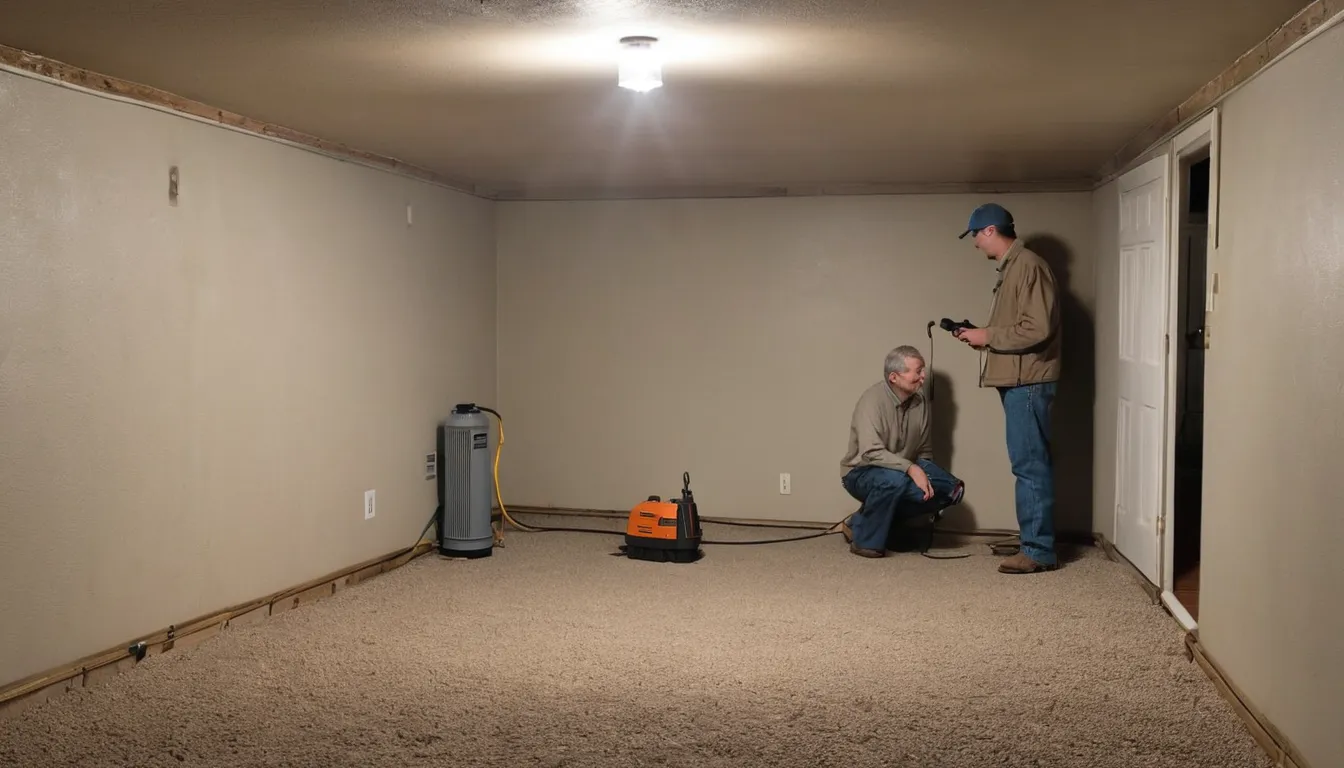 A provider inspecting a basement wall near a sump pump in a Akron home