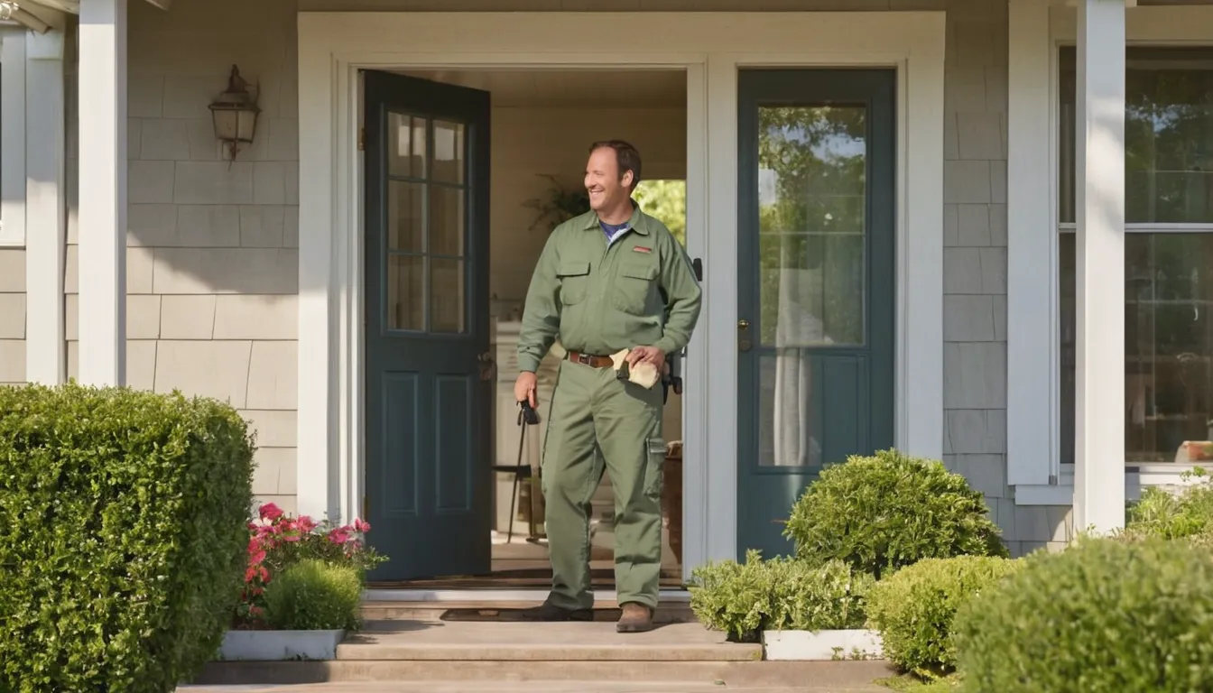 A friendly pest control provider talking with a homeowner at the front door of a house in Akron